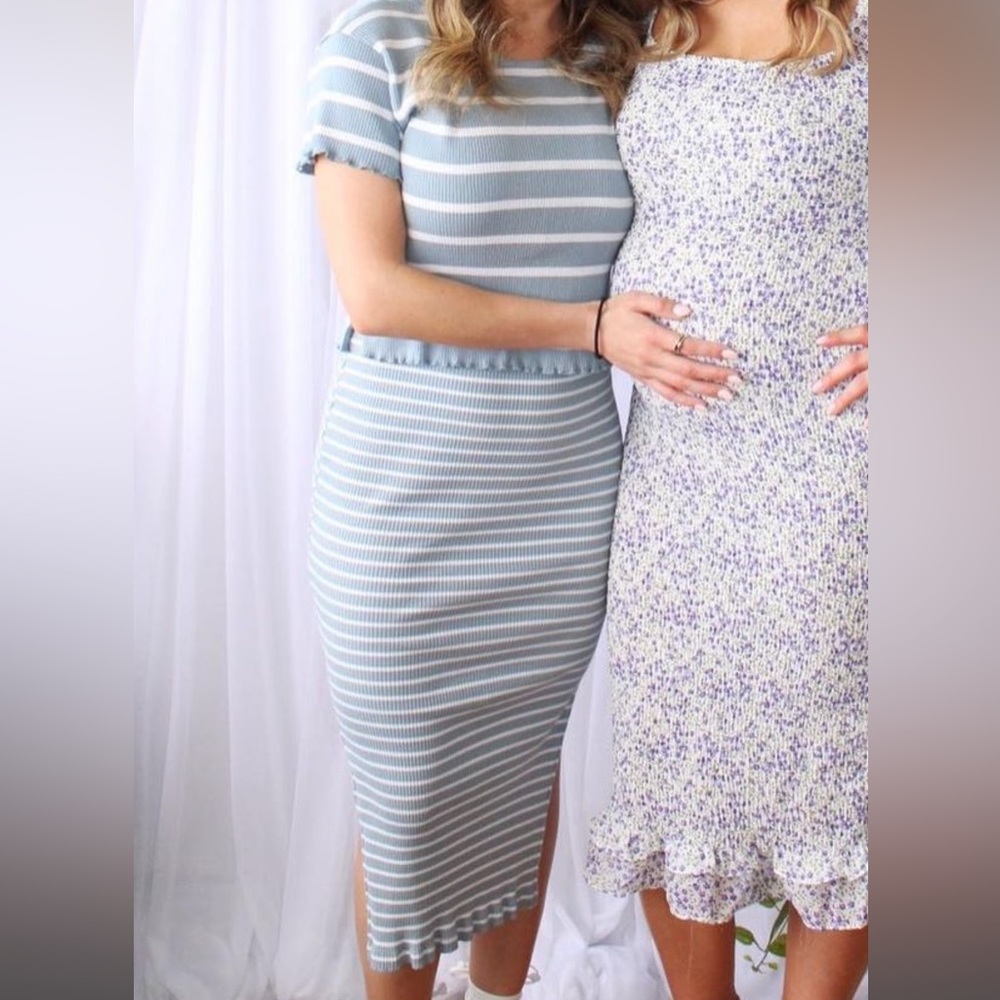 Blue and white striped T shirt + skirt set
